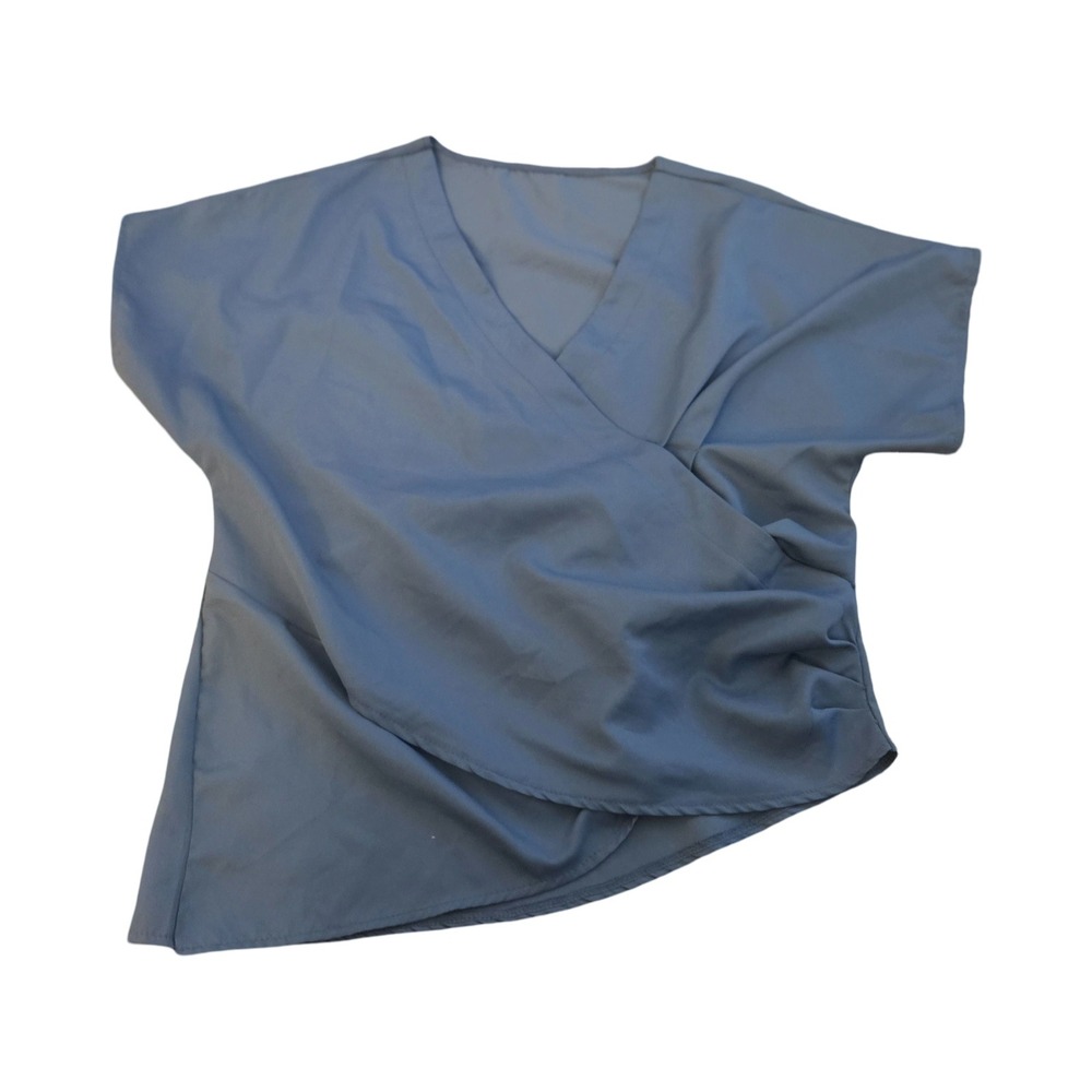 Womens Blue Short Sleeve Wrap Front Surplice Ruched Blouse Top